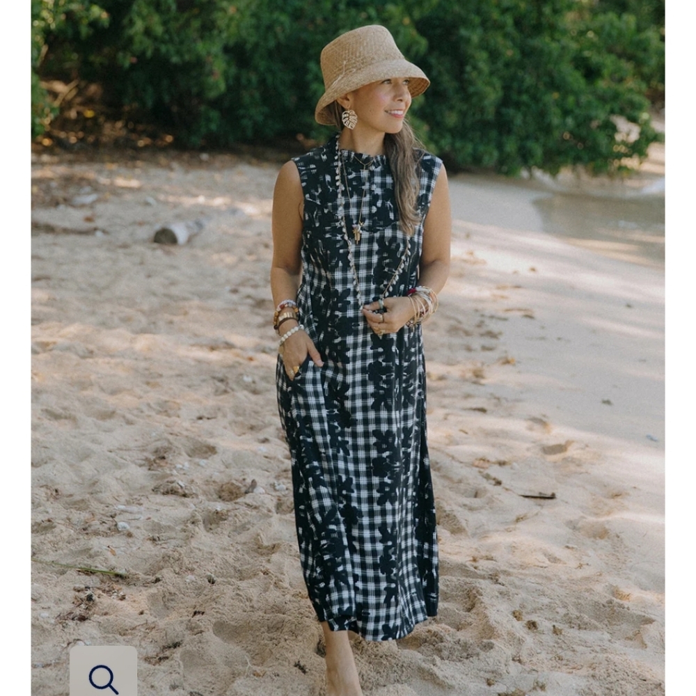 Kiele Kelani Vintage Hibiscus Hawaiian QuiltBlack Palaka Plaid Dress - Picture 2 of 5